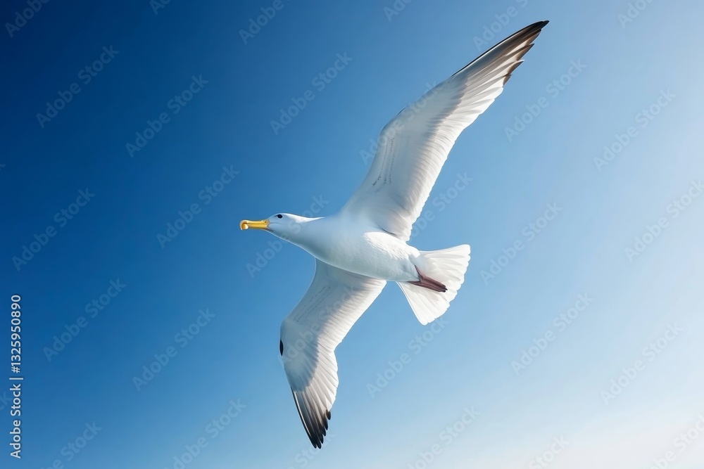 Seagull soaring gracefully in blue sky during daytime over the ocean Seagull soaring gracefully in blue sky during daytime over the ocean