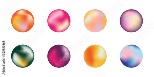 Set of eight colorful fluid gradient spheres with smooth blends of hues, creating modern and abstract aesthetic. Perfect for digital design, backgrounds, and creative projects.