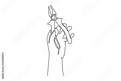 Continuous one line drawing hand of young male carpenter holding pliers in workshop. Handyman tools for cutting or pincers wire at home renovation. Single line draw design vector graphic illustration