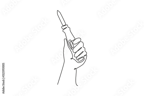 Single continuous line drawing hand of young worker holding screwdriver. Handyman tools for tighten bolts or nuts at repairing installation electronic. One line draw graphic design vector illustration