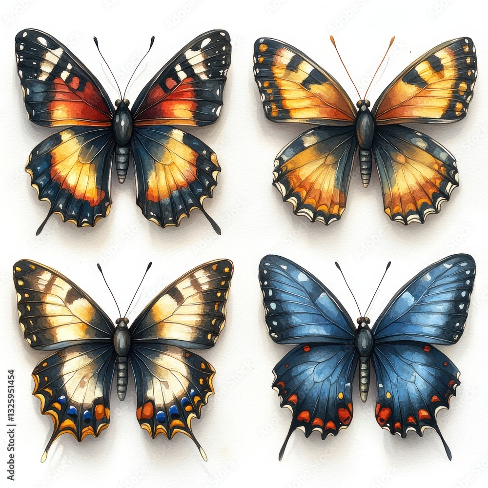Obraz premium Four beautifully designed butterflies showcase vibrant colors and intricate patterns, highlighting the beauty of nature.