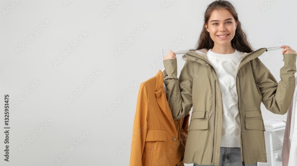 Stylish Young Woman Trying On Jackets in a Modern Fashion Setting with Neutral Background Stylish Young Woman Trying On Jackets in a Modern Fashion Setting with Neutral Background