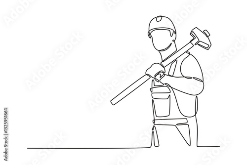 Single continuous line drawing male construction worker in hardhat holding sledgehammer on his shoulder. Foreman with hammer working at site. Dynamic one line draw graphic design vector illustration