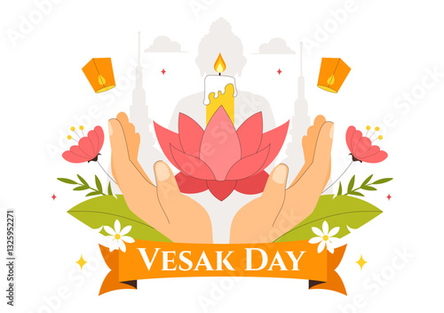Happy Vesak Day Celebration Vector Illustration Featuring a Temple Silhouette, Lotus Flower, Lanterns, and Buddha's Meditation in a Flat Background