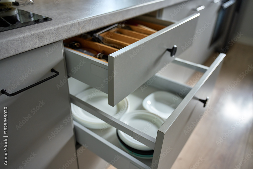 Modern kitchen with dishes and cutlery in open drawers. Contemporary kitchen cabinets. Concept of home organization and functionality interior