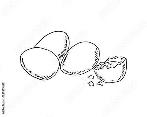 Hand-drawn vector eggs and a cracked eggshell with small fragments around it.
