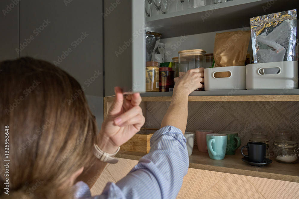 Person takes jar from kitchen shelf filled with food containers and glassware. Woman open cupboard door in kitchen cabinet