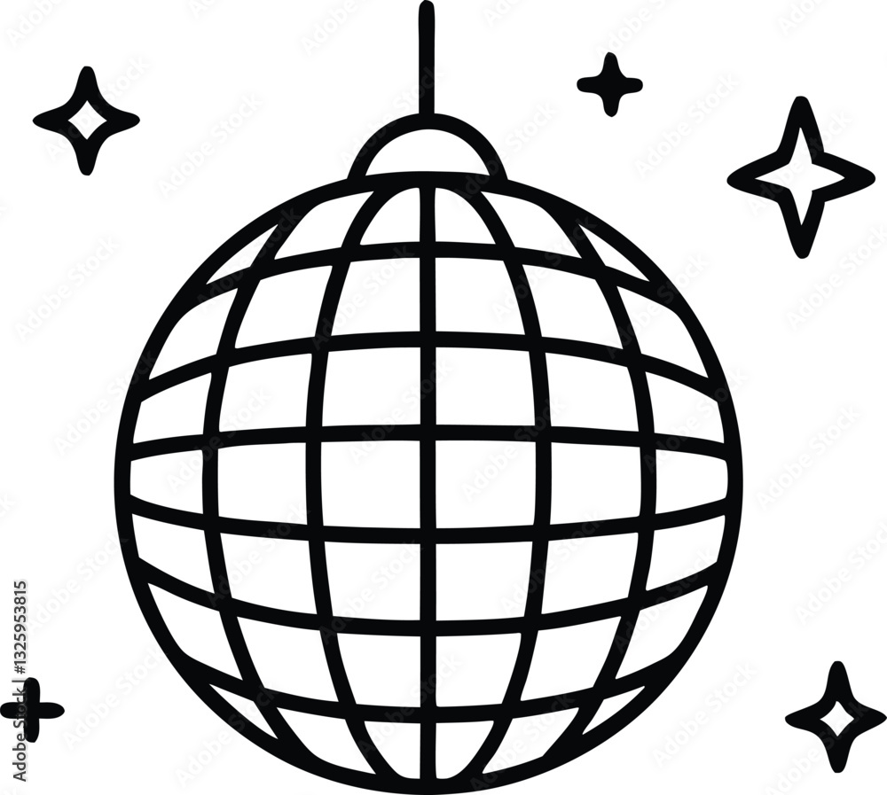 Disco ball icon, Disco ball with stars icon vector, Disco ball line art Disco ball icon, Disco ball with stars icon vector, Disco ball line art