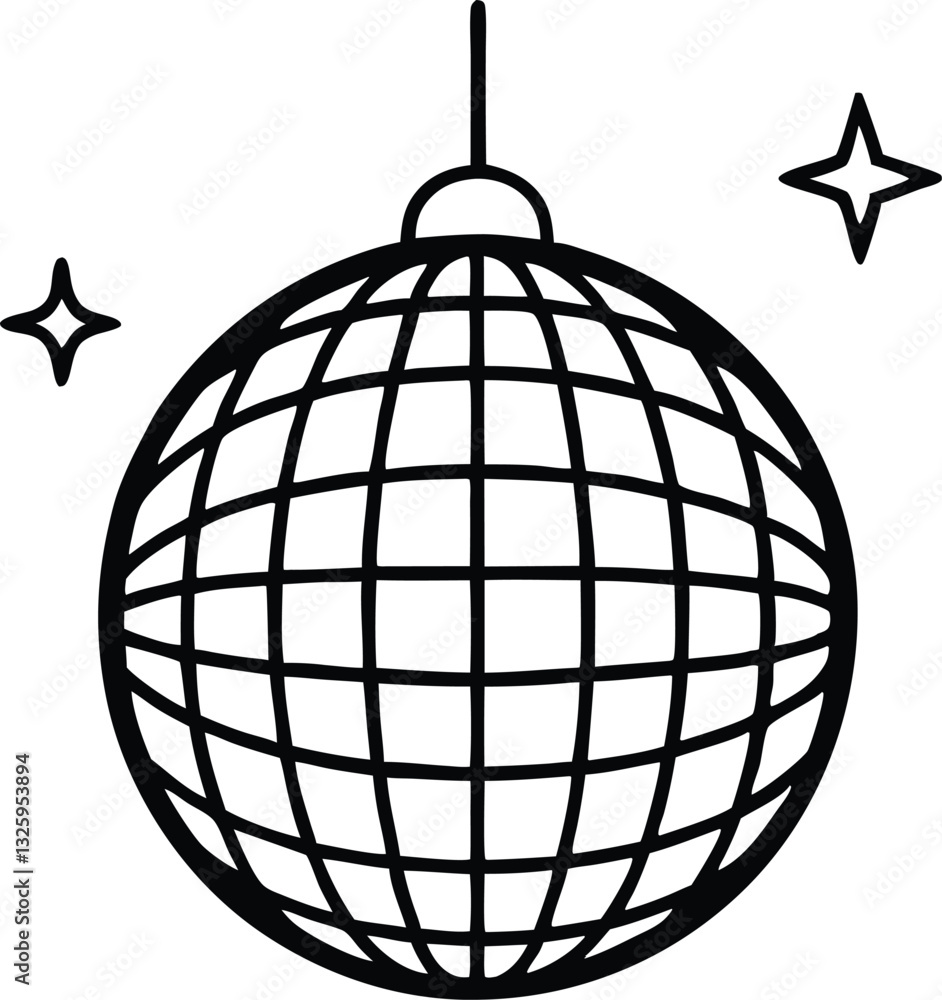 Disco ball icon, Disco ball with stars icon vector, Disco ball line art Disco ball icon, Disco ball with stars icon vector, Disco ball line art