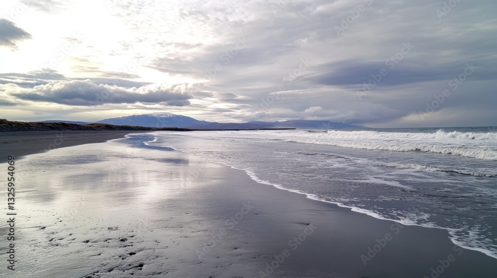 Obraz premium A tranquil beach landscape featuring clouds and distant mountains