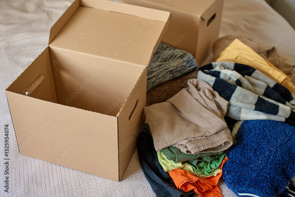 Open donation box with donated clothes on bed. Cardboard box with used clothes for recycling or second hand. Concept of charity, kindness and social responsibility