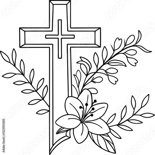 Minimalist Floral Cross Line Art – Elegant Christian Symbol with Botanical Design