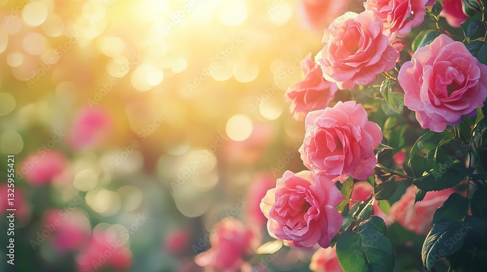 Enchanting spring garden with blooming pink roses in dreamy sunlit panorama Enchanting spring garden with blooming pink roses in dreamy sunlit panorama