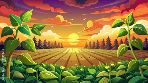 Healthy soybean crops at beautiful sunset
