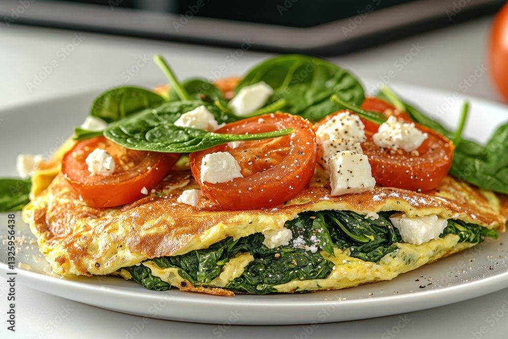 A healthy and vibrant omelet filled with spinach, topped with fresh tomatoes and feta cheese, presented on a white plate for a nutritious and delicious meal. A healthy and vibrant omelet filled with spinach, topped with fresh tomatoes and feta cheese, presented on a white plate for a nutritious and delicious meal.