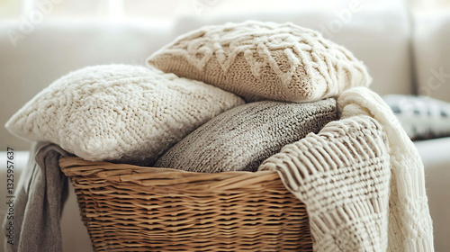 A wicker basket filled with cozy blankets and pillows.
