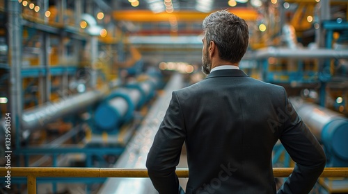 Man in a suit overlooking a large, busy industrial factory floor with machinery and equipment