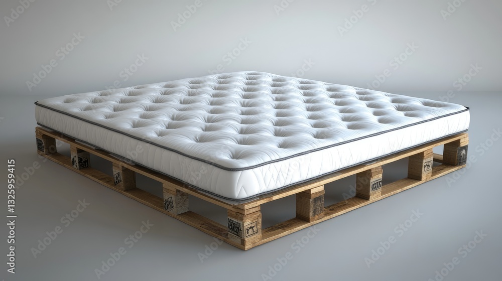 Simple bedroom setup with a white mattress on a wooden pallet base in soft lighting. Simple bedroom setup with a white mattress on a wooden pallet base in soft lighting.