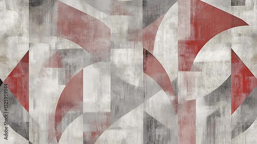 Abstract geometric shapes overlap with red and gray