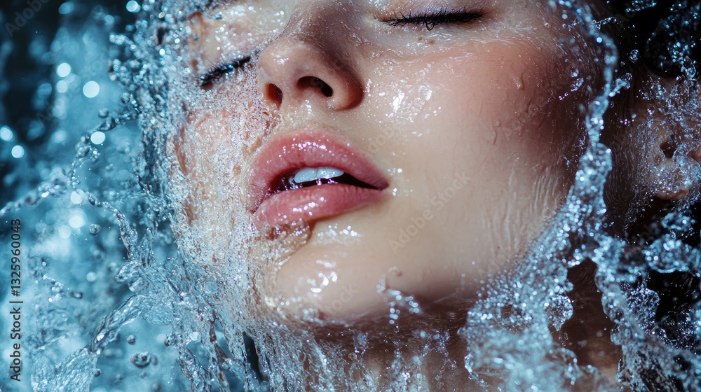 A graceful woman with water splashing on her face, the droplets captured mid-air, evoking a feeling of rejuvenation and freshness A graceful woman with water splashing on her face, the droplets captured mid-air, evoking a feeling of rejuvenation and freshness