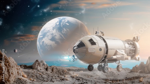 Wallpaper Mural Futuristic Spacecraft on Alien Landscape Under a Distant Planet and Starry Sky Torontodigital.ca