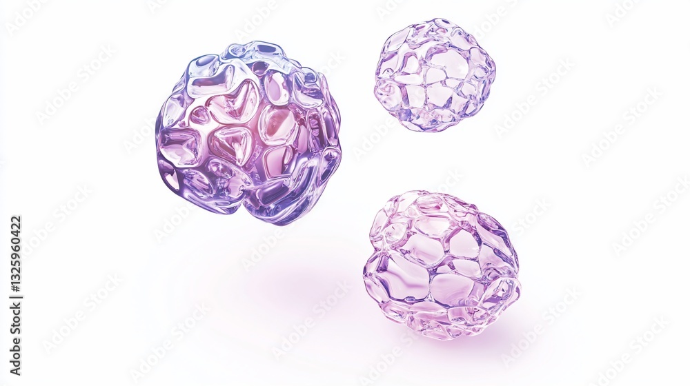 Three abstract, translucent, purple and pink spheres float against a white background. Three abstract, translucent, purple and pink spheres float against a white background.