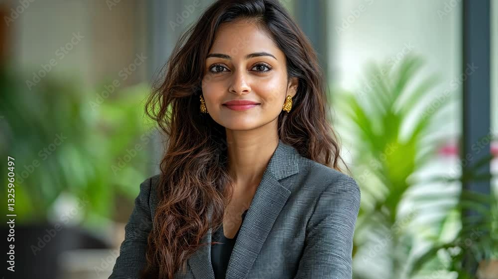 An Indian businesswoman in a suit stands at the workplace with confidence. An Indian businesswoman in a suit stands at the workplace with confidence.