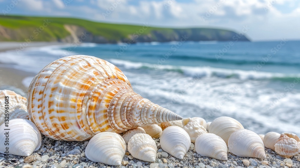 On a cliff with an ocean view, a seashell sits with blank space for text, showcasing the tranquil coastal beauty and natural elements On a cliff with an ocean view, a seashell sits with blank space for text, showcasing the tranquil coastal beauty and natural elements