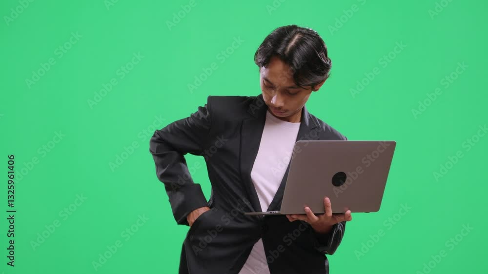 Young office worker using a laptop and pick up the phone looking busy in front of a green screen. Focused and engaged while browsing or working. Green screen, business, corporate, productivity Young office worker using a laptop and pick up the phone looking busy in front of a green screen. Focused and engaged while browsing or working. Green screen, business, corporate, productivity