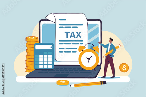 Tax online payment on computer laptop, income tax calculation deadline, refund or revenue paperwork, financial duty concept, businessman on tax calculation payment with calendar date computer laptop.