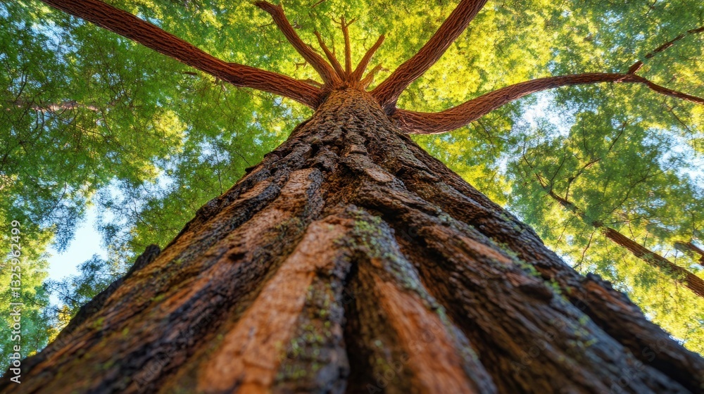 Naklejka premium Towering redwood tree reaching towards the sky in a majestic perspective