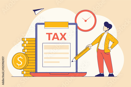 Tax online payment on computer laptop, income tax calculation deadline, refund or revenue paperwork, financial duty concept, businessman on tax calculation payment with calendar date computer laptop.