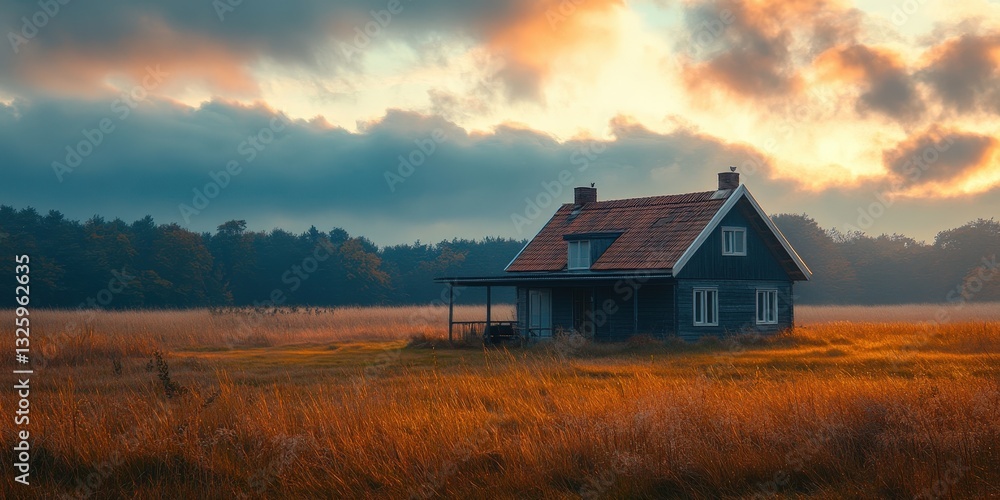 Grassy field bathed in sunlight, framed by a charming dark blue house sporting a vibrant red tiled roof and quaint chimney against the clear sky backdrop Grassy field bathed in sunlight, framed by a charming dark blue house sporting a vibrant red tiled roof and quaint chimney against the clear sky backdrop
