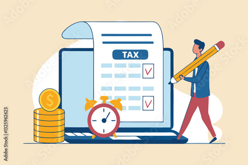 Tax online payment on computer laptop, income tax calculation deadline, refund or revenue paperwork, financial duty concept, businessman on tax calculation payment with calendar date computer laptop.