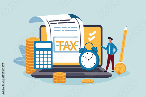 Tax online payment on computer laptop, income tax calculation deadline, refund or revenue paperwork, financial duty concept, businessman on tax calculation payment with calendar date computer laptop.