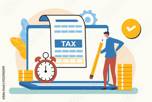 Tax online payment on computer laptop, income tax calculation deadline, refund or revenue paperwork, financial duty concept, businessman on tax calculation payment with calendar date computer laptop.
