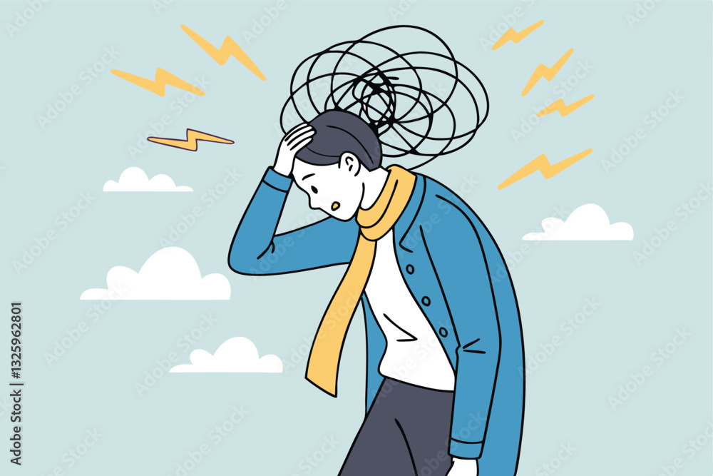 Overthinking, too much worried, stress or anxiety, self doubt, fear or indecision, obsession thoughts, mental exhaustion or negative emotional, overload concept, businessman overthinking mess head. Overthinking, too much worried, stress or anxiety, self doubt, fear or indecision, obsession thoughts, mental exhaustion or negative emotional, overload concept, businessman overthinking mess head.