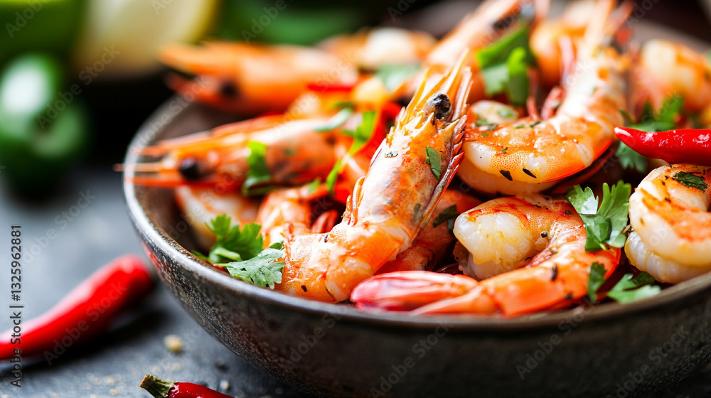 Delicious spicy grilled shrimp with cilantro garnish in a bowl red food meal dish tasty plate fresh Delicious spicy grilled shrimp with cilantro garnish in a bowl red food meal dish tasty plate fresh
