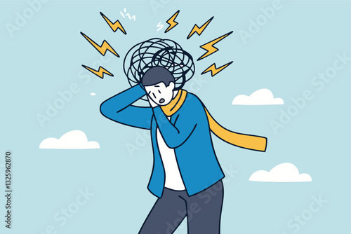 Overthinking, too much worried, stress or anxiety, self doubt, fear or indecision, obsession thoughts, mental exhaustion or negative emotional, overload concept, businessman overthinking mess head.
