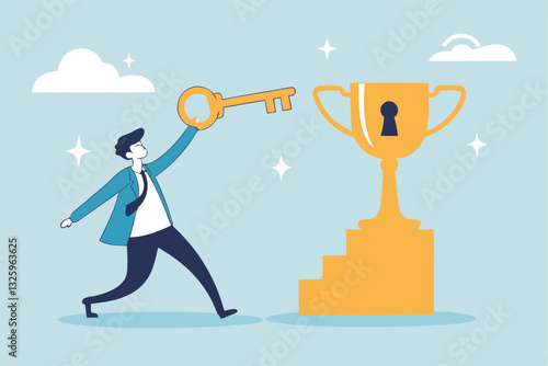 Unlock key to success, solution to achieve winning opportunity, chance or challenge, ambition or motivation to succeed in life, hard work, businessman with key to success to unlock winning trophy.