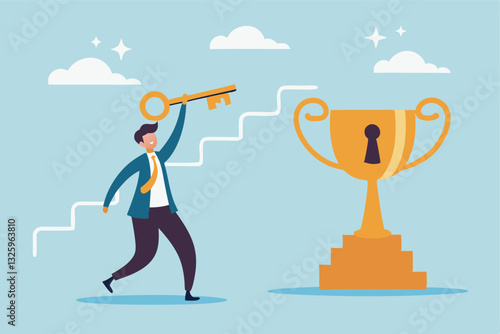 Unlock key to success, solution to achieve winning opportunity, chance or challenge, ambition or motivation to succeed in life, hard work, businessman with key to success to unlock winning trophy.