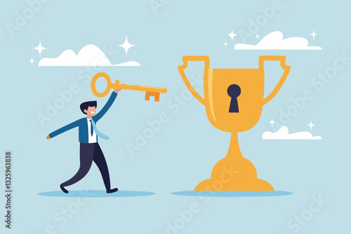 Unlock key to success, solution to achieve winning opportunity, chance or challenge, ambition or motivation to succeed in life, hard work, businessman with key to success to unlock winning trophy.