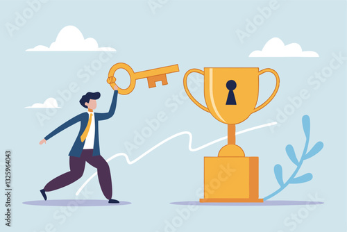 Unlock key to success, solution to achieve winning opportunity, chance or challenge, ambition or motivation to succeed in life, hard work, businessman with key to success to unlock winning trophy.