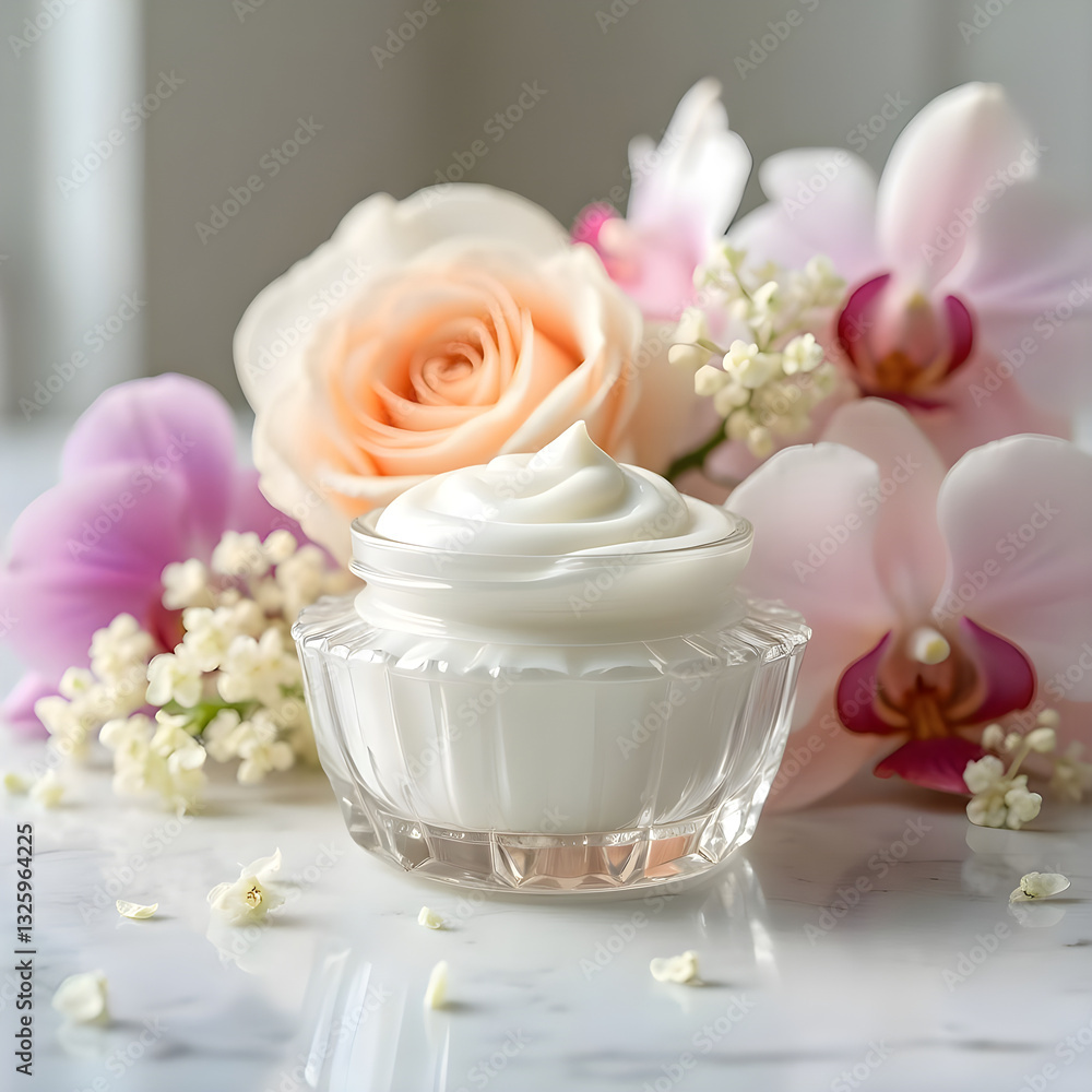 A glass jar of white face cream stands on a marble table surrounded by delicate flowers, including roses and orchids. Soft natural light comes from the window. A glass jar of white face cream stands on a marble table surrounded by delicate flowers, including roses and orchids. Soft natural light comes from the window.