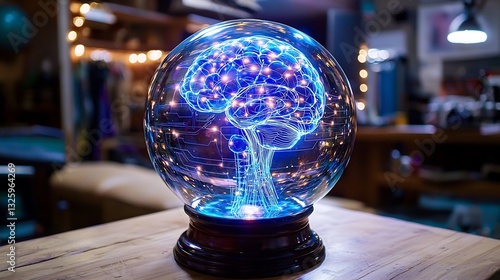 Neural network glowing inside a crystal ball predicting the future of artificial intelligence