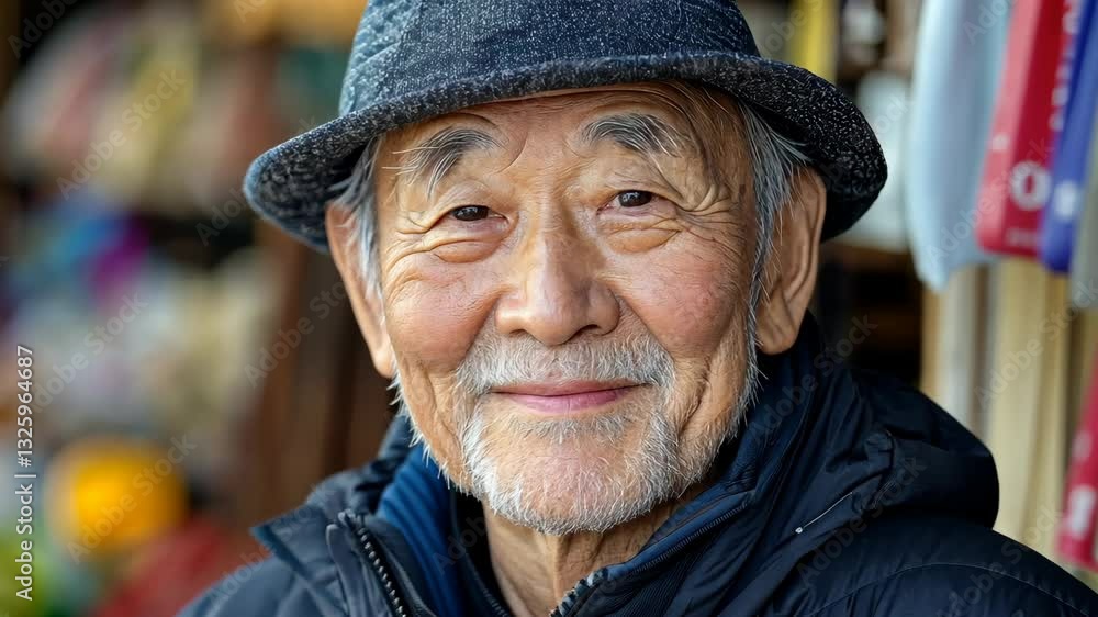 Elderly man smiling in urban market captures warm moment of connection Elderly man smiling in urban market captures warm moment of connection