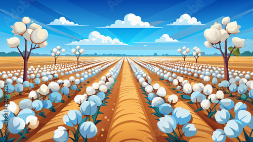 Expansive cotton field under a clear blue sky with rows of mature cotton plants extending into the distance and fluffy white cotton bolls ready for 