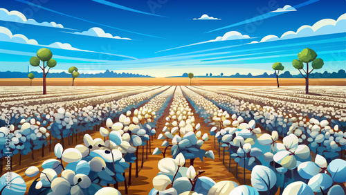 Expansive cotton field under a clear blue sky with rows of mature cotton plants extending into the distance and fluffy white cotton bolls ready for 