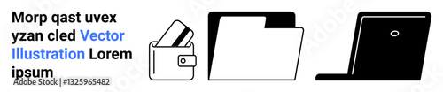 Wallet with cards, document folder, and closed laptop represent key office items. Ideal for business, productivity, organization, finance, office culture startups and work-from-home themes. Landing