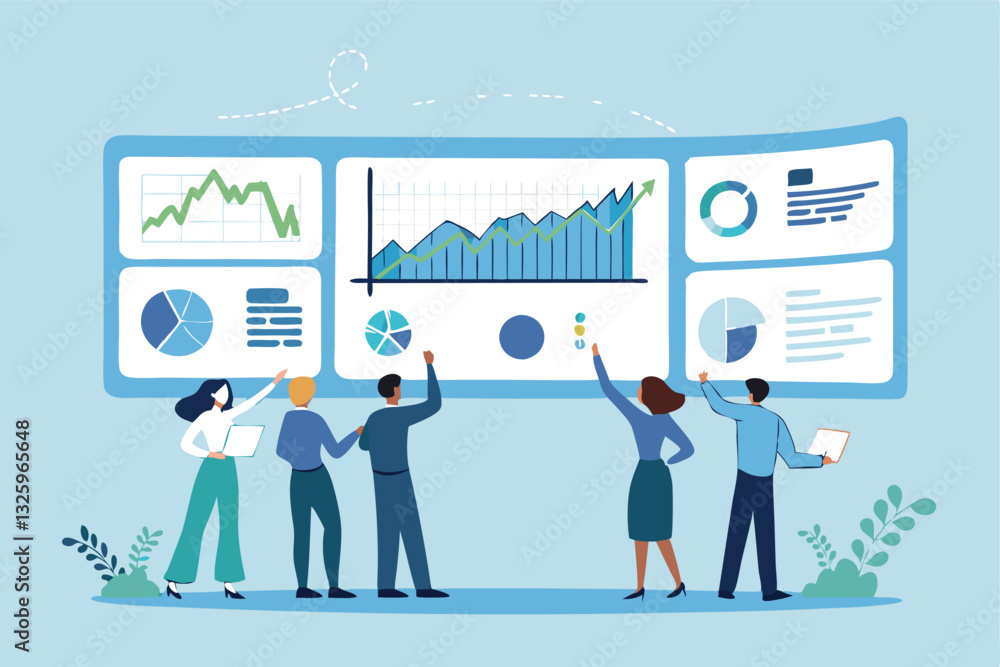 Fototapeta premium Data analysis, marketing research, statistics visualization graph and chart model, prediction benchmark or analytics diagram, insight and trend, business people look at data analysis graph and chart.